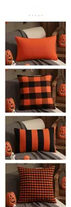 Detail of four Halloween pillow covers with orange and black geometric patterns in a home setting