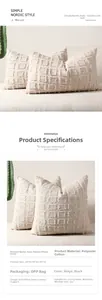 Detail of tufted plaid texture on beige polyester-cotton pillowcase with size chart