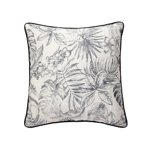 Coussin rétro français de luxe avec motif floral linéaire et bordure passepoilée noire