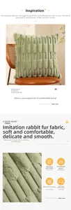 Detail of light green Dutch velvet pillow cover with soft stripe texture and faux rabbit fur