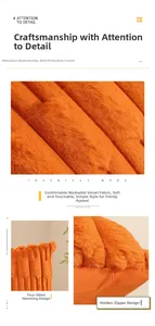 Detail of orange faux rabbit fur pillow cover featuring hidden zipper and textured stripes
