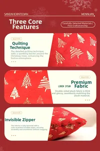 Detail of red plush Christmas pillowcase with golden sequined tree and invisible zipper