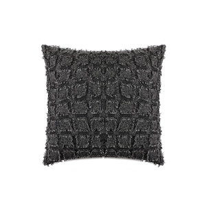 Modern dark grey tufted checkered throw pillow cover with textured fringe design