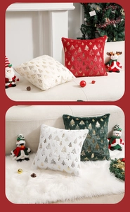 Detail of plush Christmas pillowcase featuring a golden foil tree pattern and soft faux fur
