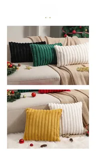 Macro view of plush velvet cushion with vertical striped texture in seasonal colors
