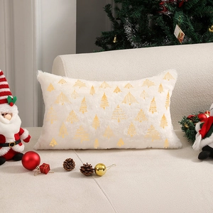 White plush Christmas pillow cover with gold foil tree patterns for home sofa decor