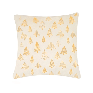 Square cream Christmas pillow cover featuring golden Christmas tree patterns in 45-degree angle