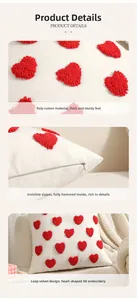 Détail de la housse de coussin avec cœurs tuftés, tissu bouclé et fermeture éclair invisible