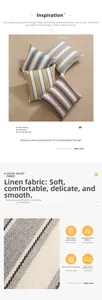 Macro detail of striped linen cushion cover showing woven texture and machine wash icon