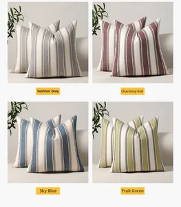 Detailed texture of linen striped pillow covers in grey, red, blue and green color options