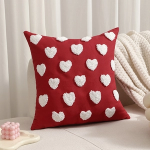 Red square tufted pillow cover with white 3D heart patterns for sofa decoration