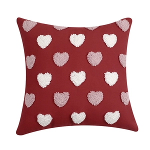 Square red cushion cover with tufted pink and white hearts for sofa decor