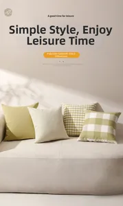Olive green plaid and striped throw pillow covers made of woven polyester canvas on a sofa