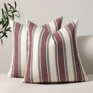Linen style wide striped throw pillow covers in burgundy and charcoal for sofa decor