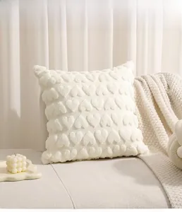 Close-up of heart embroidered plush pillowcase in Nordic style for living room sofa decor