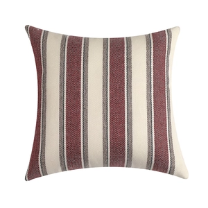Linen textured square pillowcase with burgundy and grey wide stripes on white background