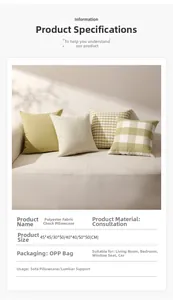 Detail view of grass green plaid pillow covers in various patterns and sizes