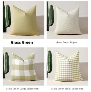 Detail of four grass green cushion covers featuring solid color, stripes, and checkered patterns