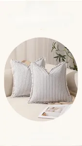 Close-up of minimalist striped throw pillow cases with decorative fringed edges on a sofa