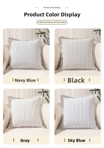 Detail showing fringed edges and stripe patterns of throw pillows in four color variants