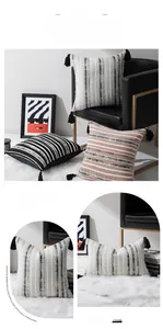 Détails de rayures en chenille jacquard et pompons faits main sur housses de coussin boho