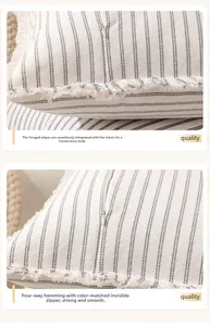 Detail of striped pillowcase featuring textured fringe edges and a hidden zipper closure