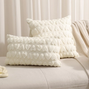 Creamy white plush throw pillows with 3D heart embroidery for sofa decoration