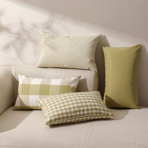 Grass Green Sofa Throw Pillow Case Gingham Striped Solid Color Polyester Canvas Yarn Dyed Decorative Cushion Cover Home