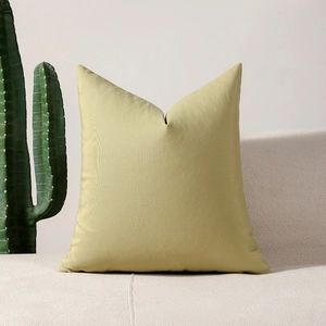 Modern sage green square cushion on a white sofa with a minimalist indoor plant background