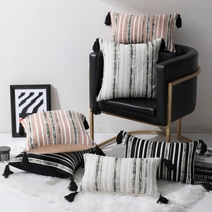Coussins chenille à rayures avec glands sur fauteuil de luxe et tapis en peluche