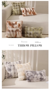 Detail of plush tie-dye throw pillow cases showing soft faux rabbit fur texture