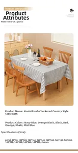 Detailed size chart of blue and white checkered tablecloth with a rustic linen texture