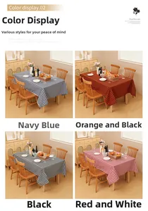 Detail showing checkered gingham tablecloth in navy, orange, black and red color options