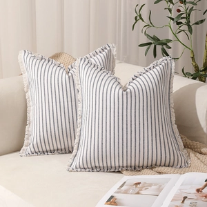 Set of 2 modern white and blue striped cushion covers with fringe on a cozy beige sofa