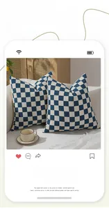 Close-up of blue and white checkerboard chenille cushion cover on a white sofa