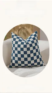 Detail of blue and white checkered chenille pillow cover on a modern sofa background