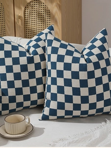 Detailed close-up of blue and white checkered chenille pillow cases on a sofa