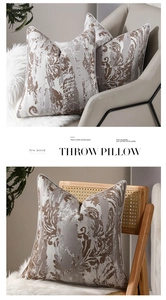 Gros plan sur une housse de coussin jacquard à texture abstraite avec passepoil blanc élégant