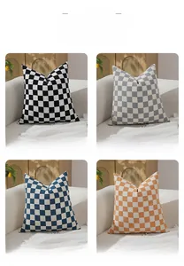 Geometric chenille checkerboard pillow covers in black, light grey, lake blue, and orange