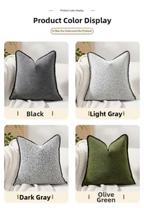 Detailed grid of chenille pillow covers with whip-stitched edges in four soft colors