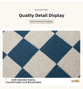 Close-up of soft blue and white chenille checkerboard fabric, breathable and comfortable