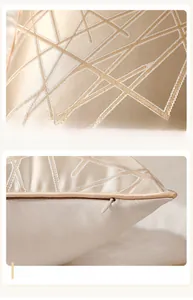 Détails de la taie d'oreiller en satin champagne avec broderie géométrique et passepoil