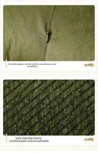 Detail of hidden zipper and textured olive green chenille fabric on pillow cover