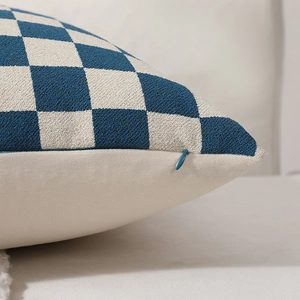Blue and white checkered chenille throw pillow cover with a hidden side zipper closure