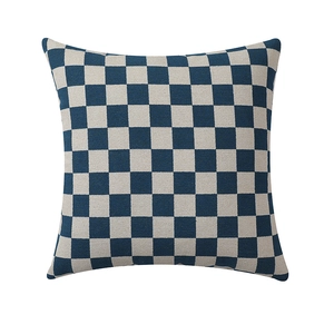 Blue and beige checkerboard chenille throw pillow cover with minimalist geometric pattern