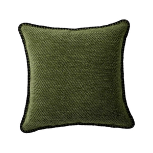 Modern olive green chenille pillow cover with textured fabric and black edge stitching
