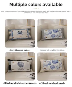 Detail of four nautical themed cushion covers with wooden buttons and ocean prints