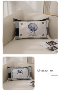 Detail of checkered lumbar pillow featuring ocean motifs and vintage wooden buttons