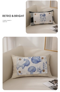 Detail of vintage ocean style cushion with shell print and wooden buttons decoration