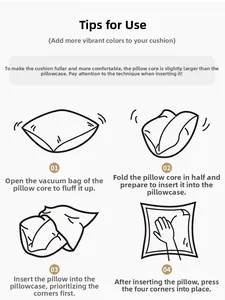 Instruction guide showing how to insert a filler into a decorative lumbar pillow case